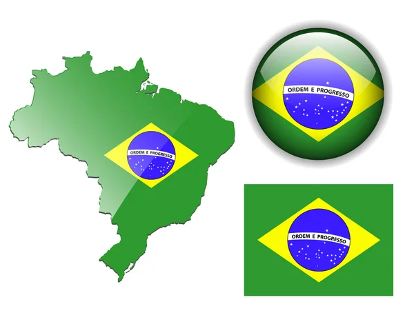 Bandera de Brasil, mapa y botón brillante . — Archivo Imágenes Vectoriales