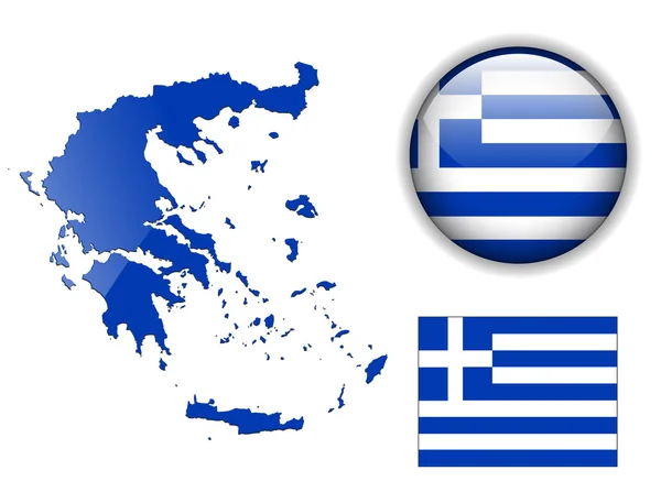 Görögország lobogója, a Térkép és a fényes gomb. — Stock Vector