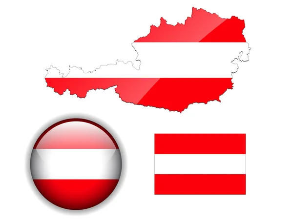 Österreich-Flagge, Karte und Hochglanz-Knopf. — Stockvektor