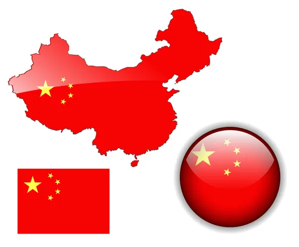 Флаг Китая, карта и глянцевая кнопка — стоковый вектор