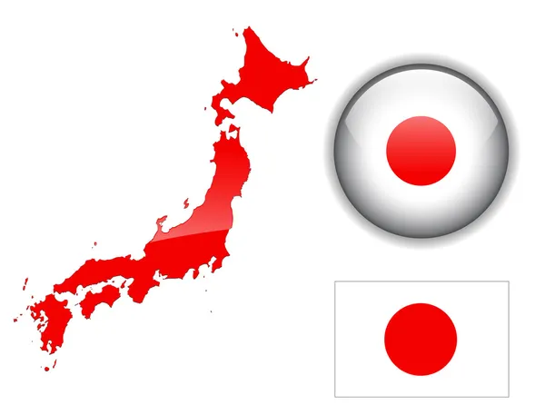 Japonya bayrağı, harita ve parlak düğme. — Stok Vektör