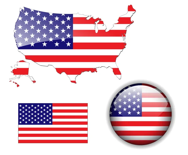 Βόρεια Αμερική Χάρτης σημαία ΗΠΑ και κουμπί — Διανυσματικό Αρχείο