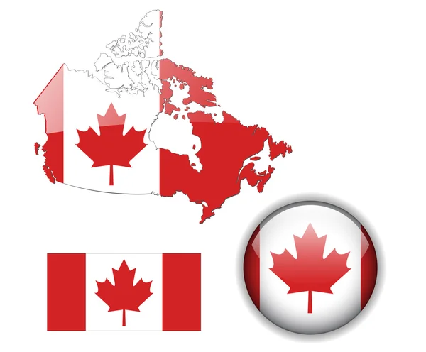 캐나다 깃발 지도 및 버튼 — 스톡 벡터