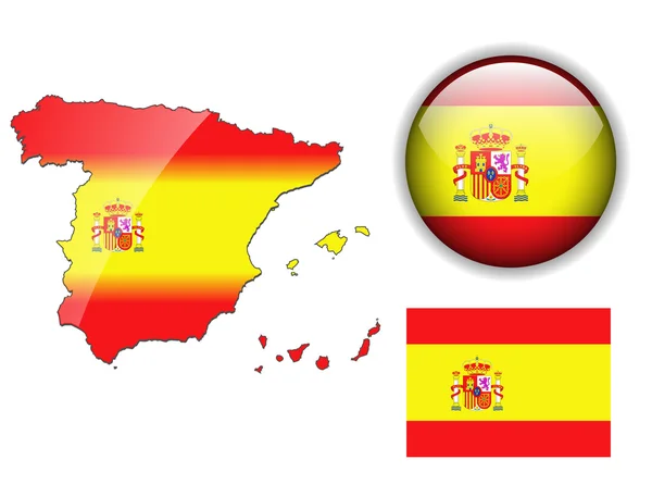 Spain flag, map and glossy button. — Stock Vector