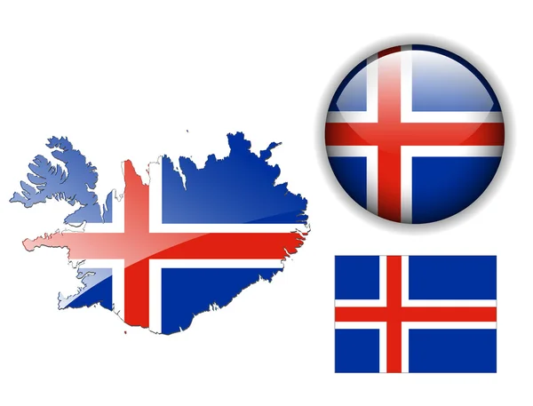 Islandská vlajka, mapa a lesklý tlačítko. — Stockový vektor