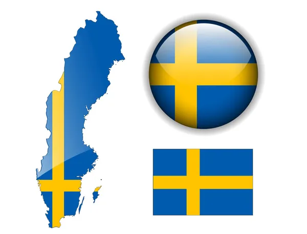 İsveç bayrağı, harita ve parlak düğme. — Stok Vektör