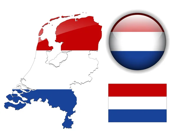 Przycisk flaga, mapę i błyszczące Holandii. — Wektor stockowy