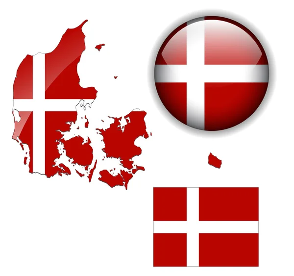 Флаг Дании, карта и глянцевая кнопка . — стоковый вектор