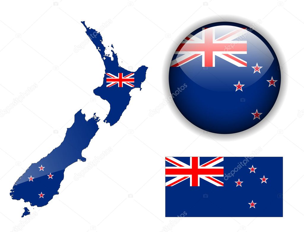 New Zealand flag, map and glossy