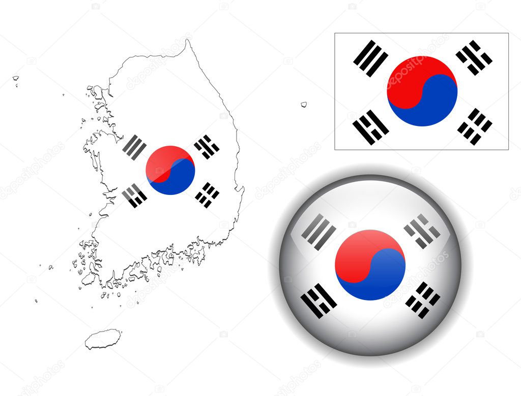 South Korea flag, map and glossy