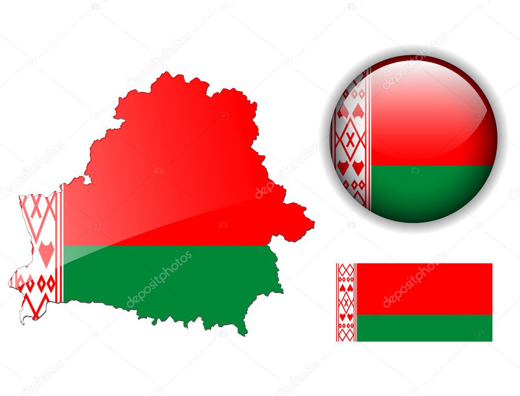 Belarus flag, map and glossy button.