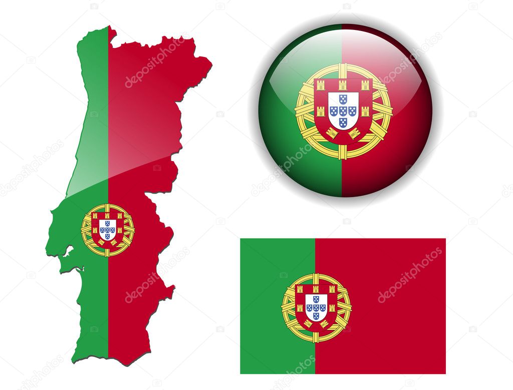 Portugal flag, map and glossy button.