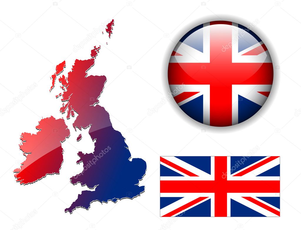 British flag, map, button vector set