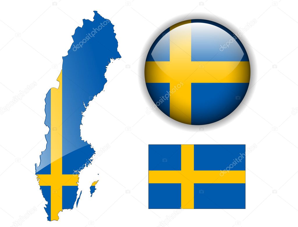 Sweden flag, map and glossy button.