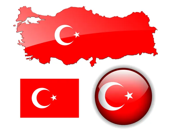 Turchia, bandiera turca, mappa e pulsante . — Vettoriale Stock