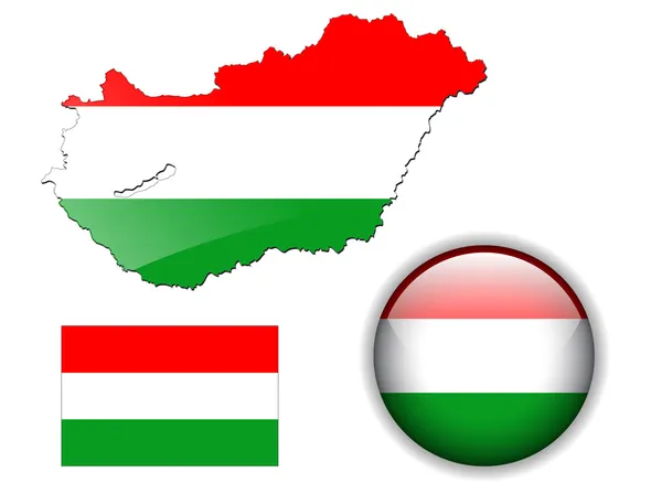Bandera de Hungría, mapa y botón brillante . — Vector de stock