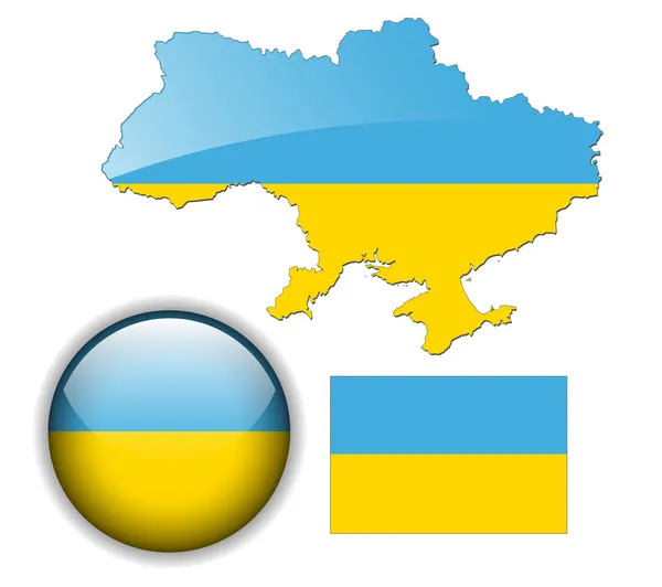 Ukraine flag, map and glossy button. — Stock Vector