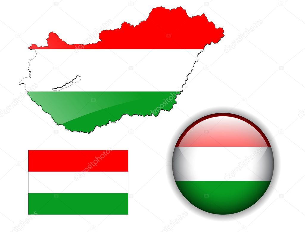 Hungary flag, map and glossy button.