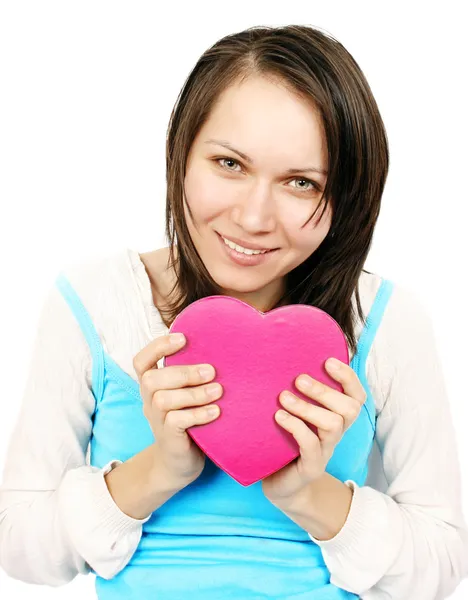 Woman giving a heart gift — Stock Photo, Image