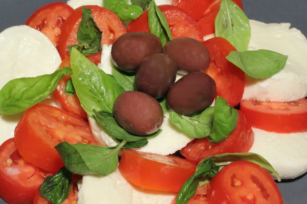 Mozzarella peyniri, domates ve zeytin — Stok fotoğraf