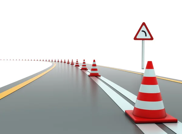 Estrada com cones de trânsito e sinal — Fotografia de Stock