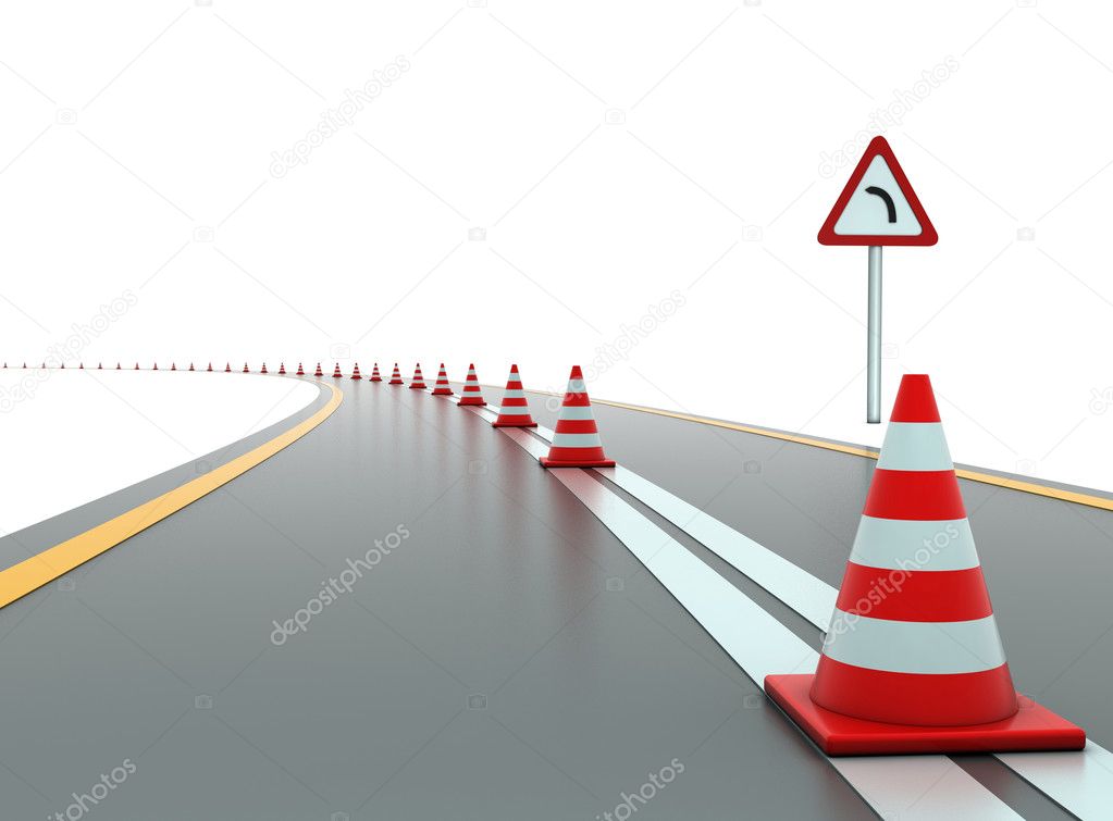 Road with traffic cones and sign