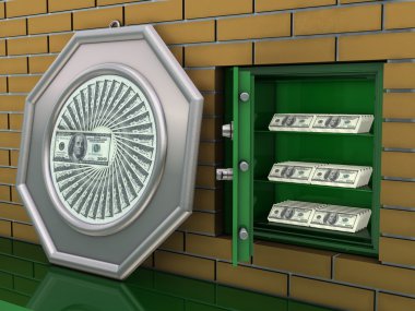 Safe deposit in wall with dollars clipart