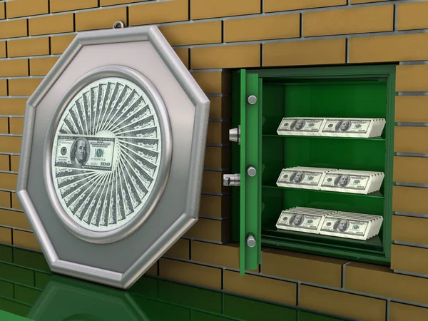 Χρηματοκιβώτιο στο τοίχο με δολάρια — Φωτογραφία Αρχείου