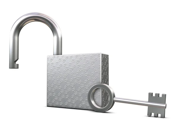 Opened padlock and key — Stock fotografie