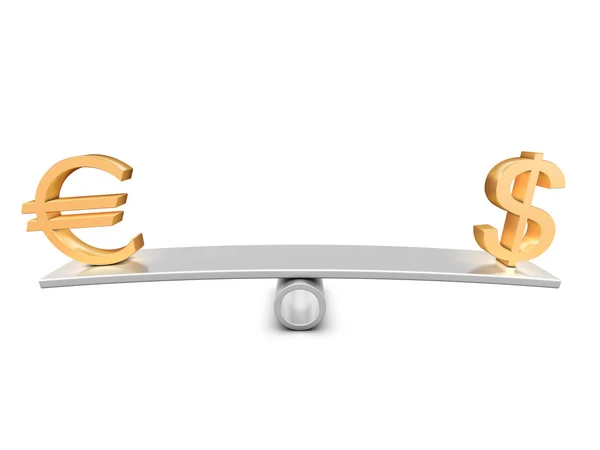 Dollar en euro-symbool op teeter — Stockfoto