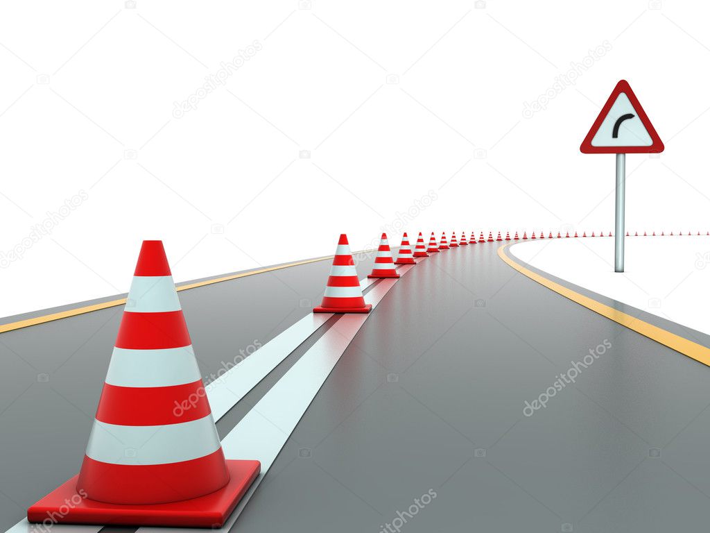 Road with traffic cones and sign right