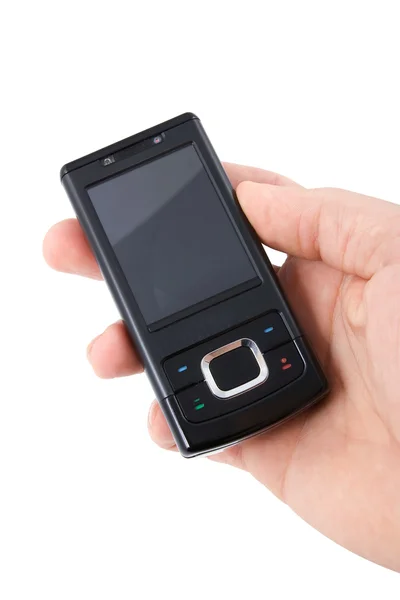 Zwarte mobiele telefoon in de hand — Stockfoto