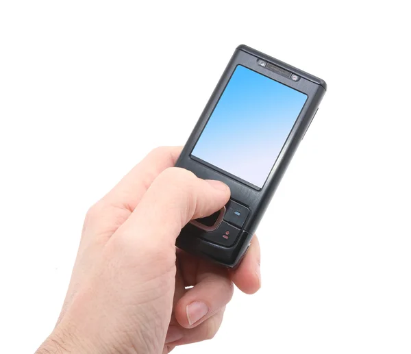 Black mobile phone in left hand — Stock Photo, Image
