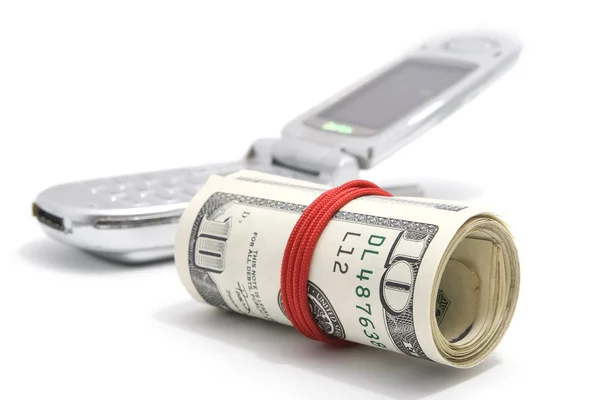 Dollars and phone on white — Stock Photo, Image