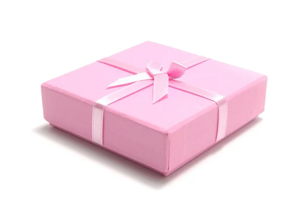 Rózsaszín ajándék doboz elszigetelt fehér Stock Kép