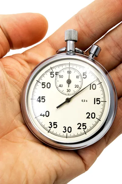 Old mechanical stopwatch lying on hand Royalty Free Stock Images