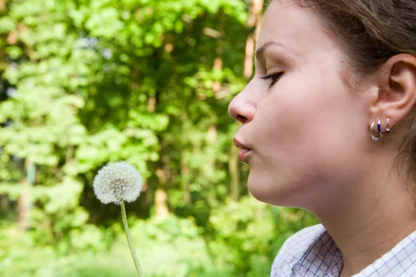 stock image Woman blowing the dandelion
