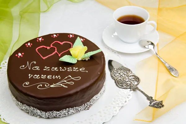 Birthday cake with a cup of coffee — Stock Photo, Image