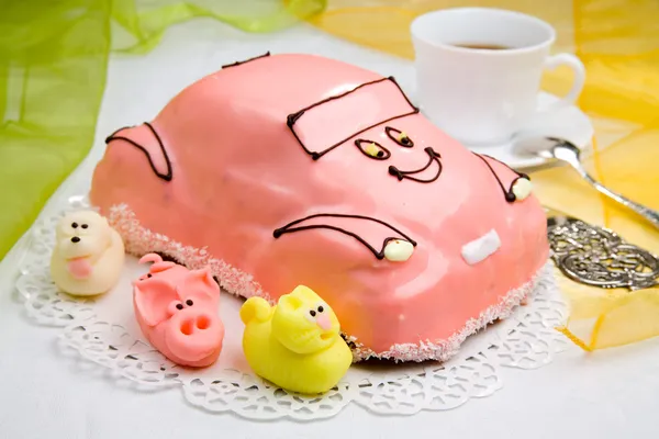 Car cake with a cup of coffee — Stock Photo, Image