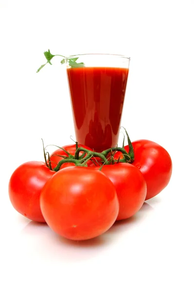 Sok pomidorowy i świeże pomidory — Zdjęcie stockowe