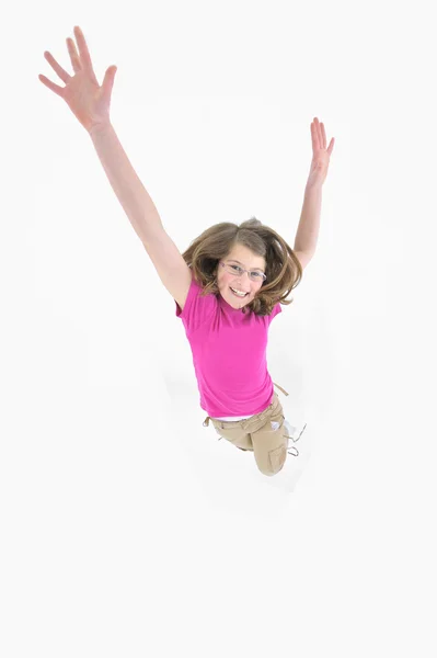 Meisje geïsoleerd op witte pagina springen — Stockfoto