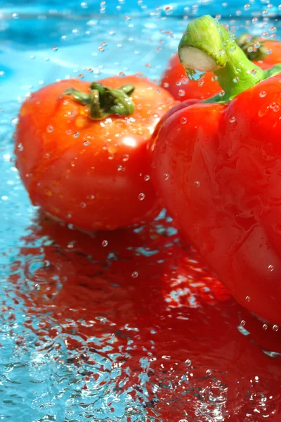 Papryka i pomidor w wodzie — Zdjęcie stockowe