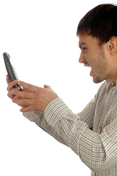Hombre enojo con teléfono — Foto de Stock