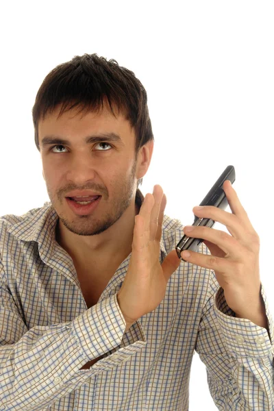 Człowiek telefon emocji nieprzyjemnych — Zdjęcie stockowe