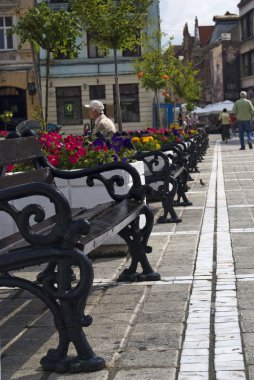 Simetrical string of benches in a market clipart