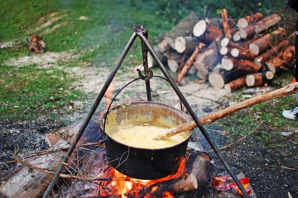 Pot avec polenta sur un feu de camp Photo De Stock