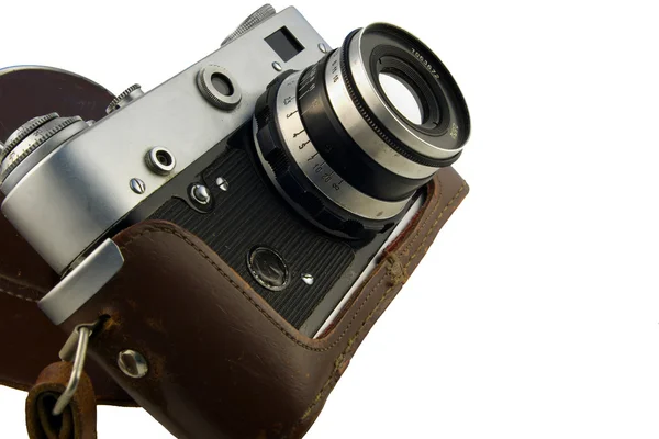 Old rangefinder in leather case — Stock Photo, Image