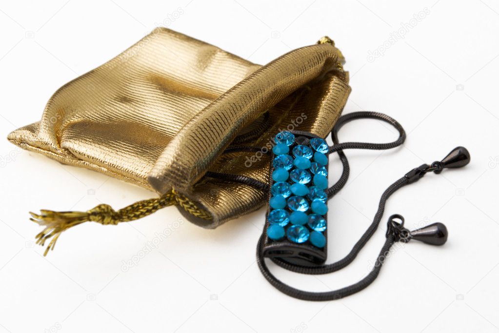 Golden bag and blue gem pendant