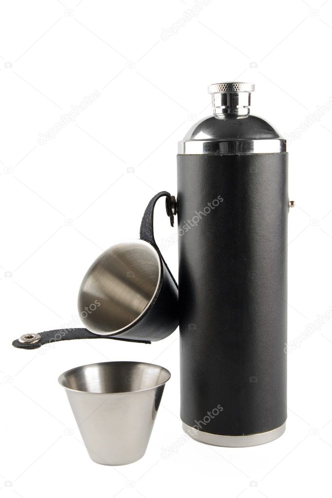 Flask with two pownies isolated on white