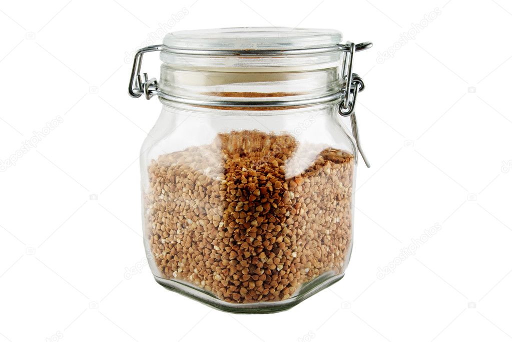 Glass jug with buckwheat